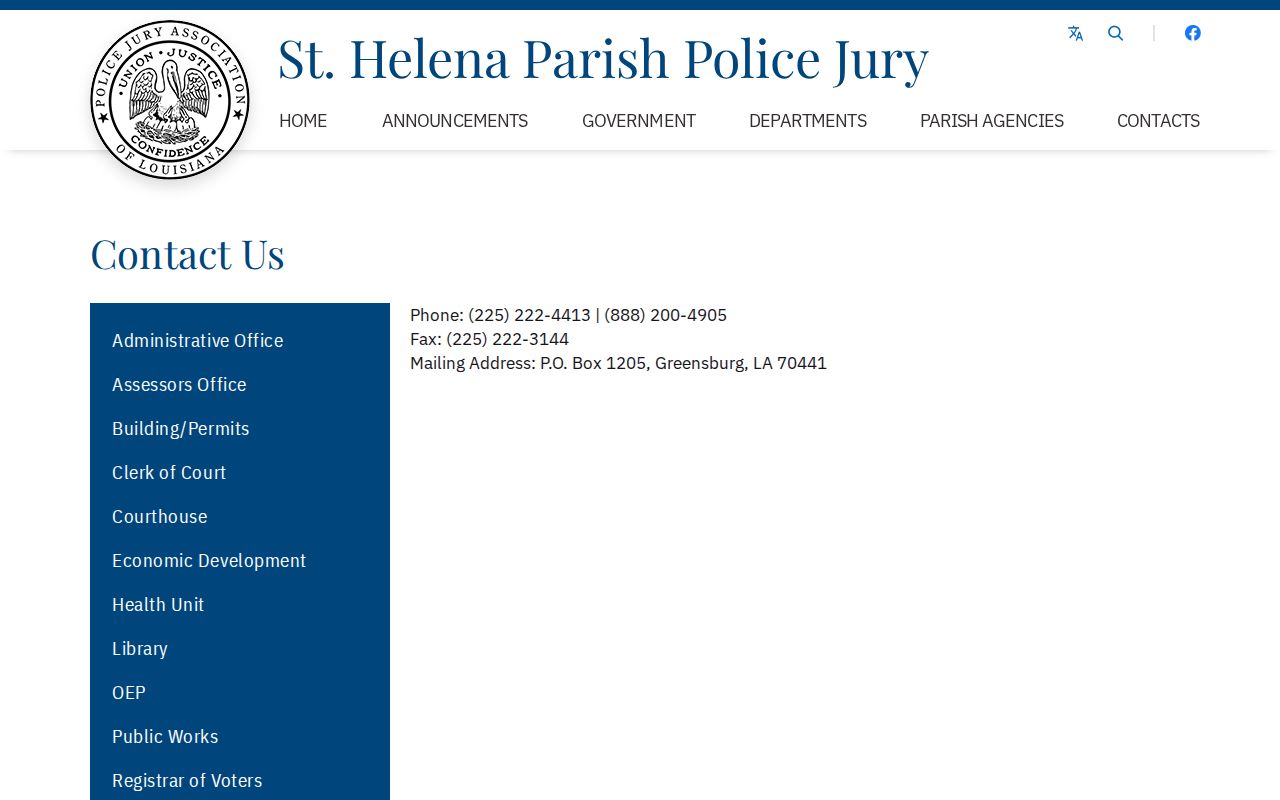 St. Helena Parish warrant records research image showing the official sheriff contact page with phone, fax, and mailing address