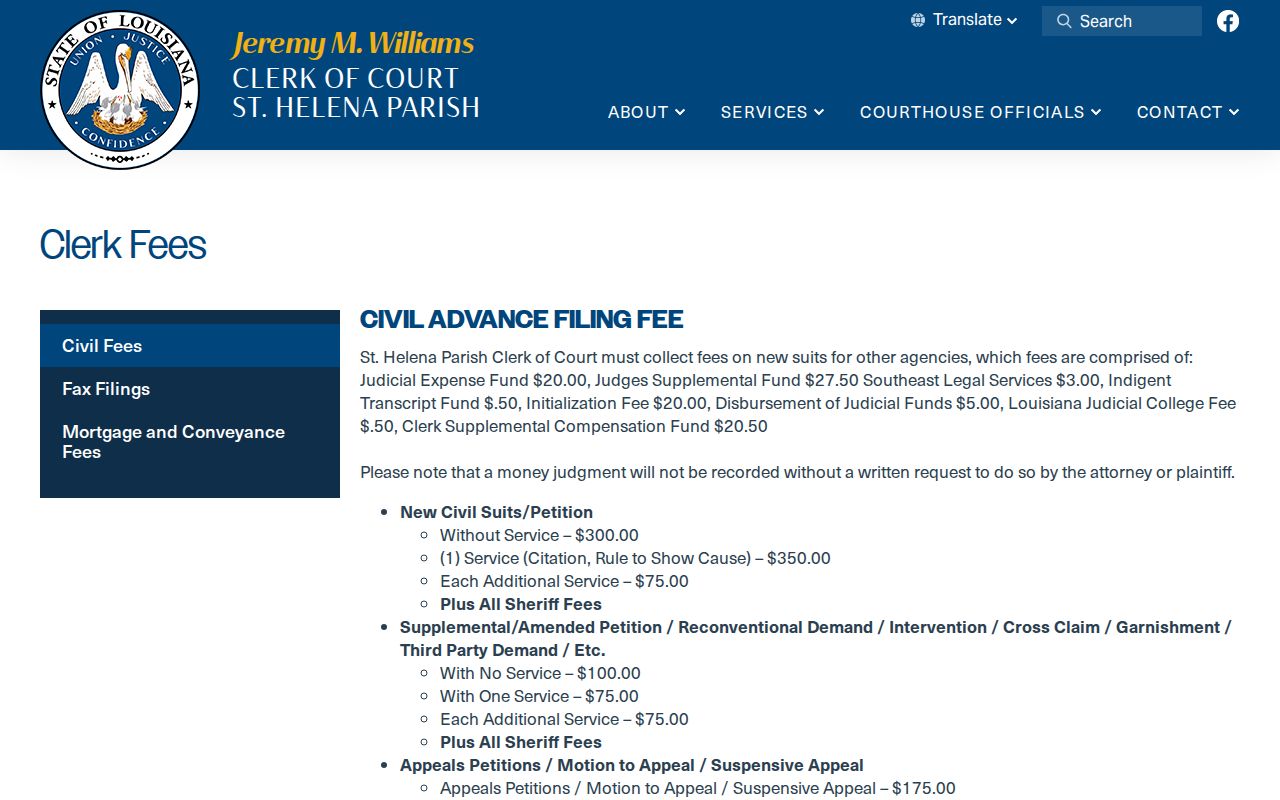 St. Helena Parish warrant records research image showing the clerk fee table, name search fee, and copy charges