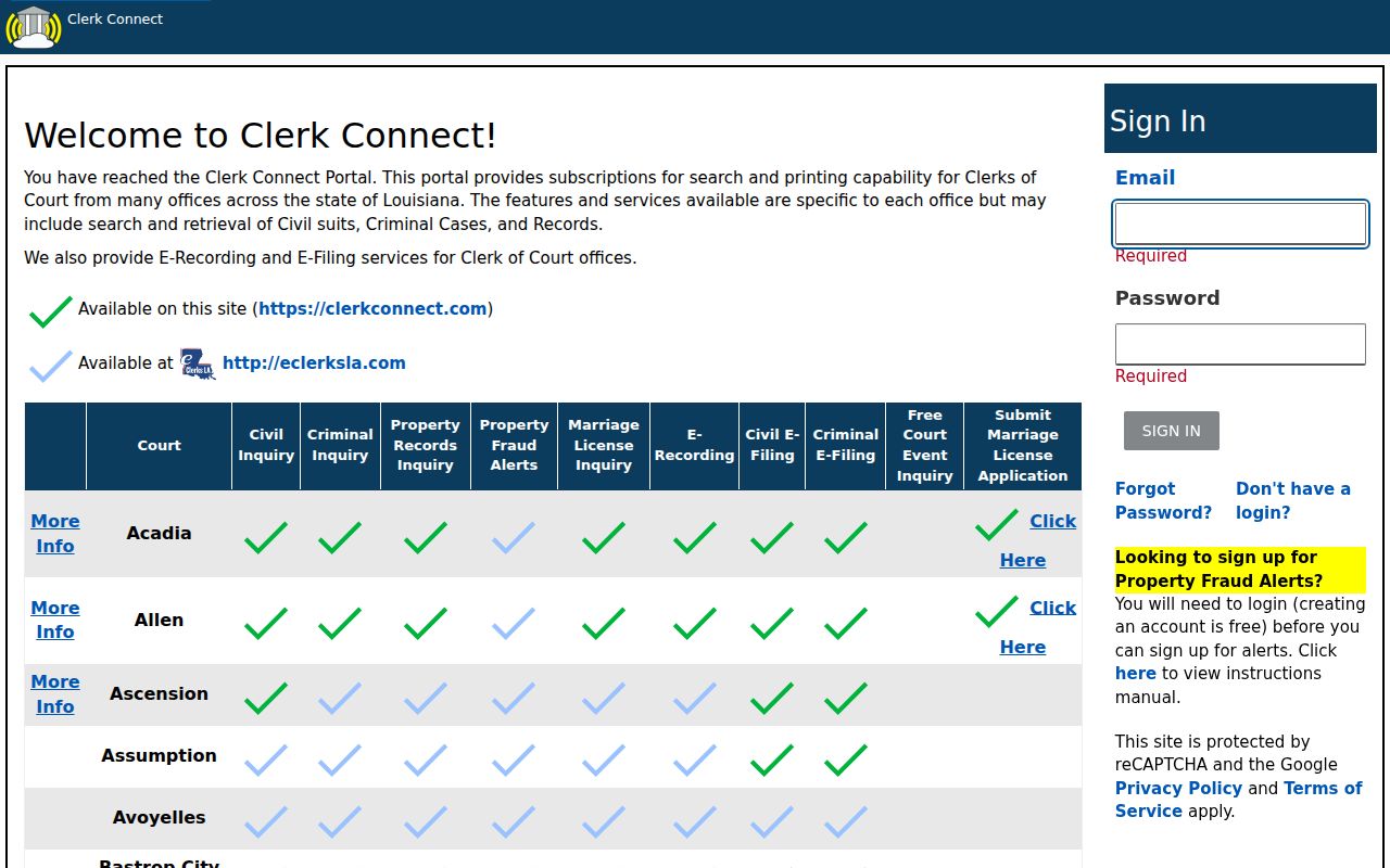 St. Helena Parish bench warrant research image showing the Clerk Connect record and filing portal