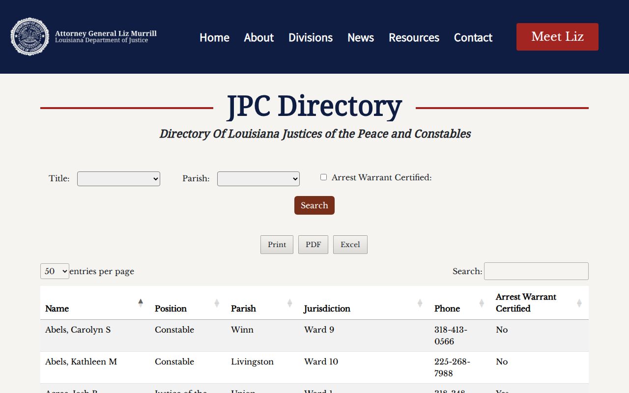 St. Helena Parish city court warrant research image showing the state justice court directory of JP and constable rows