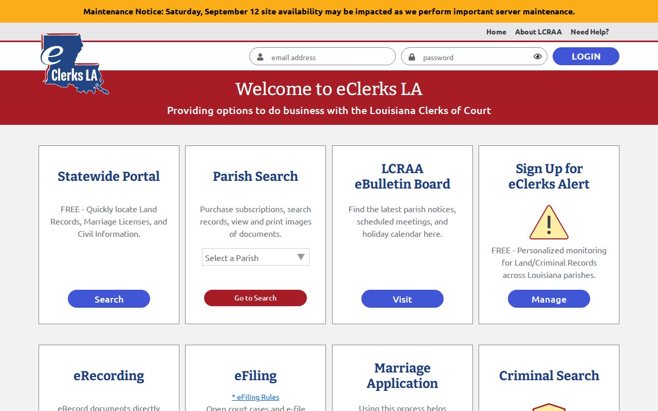 St. Helena Parish warrant records research image showing the statewide Louisiana clerk portal landing page