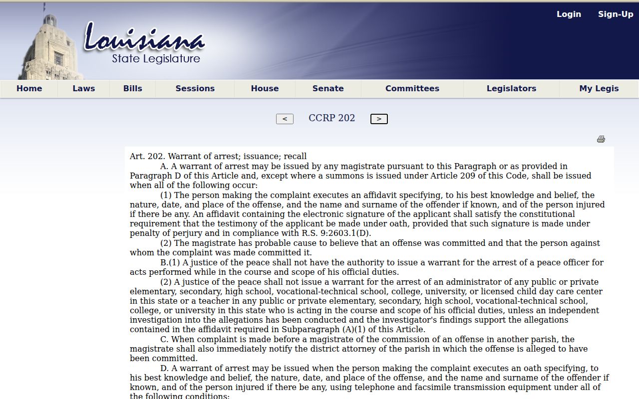 St. Helena Parish arrest warrant research image showing the Louisiana code article on warrant issuance and recall