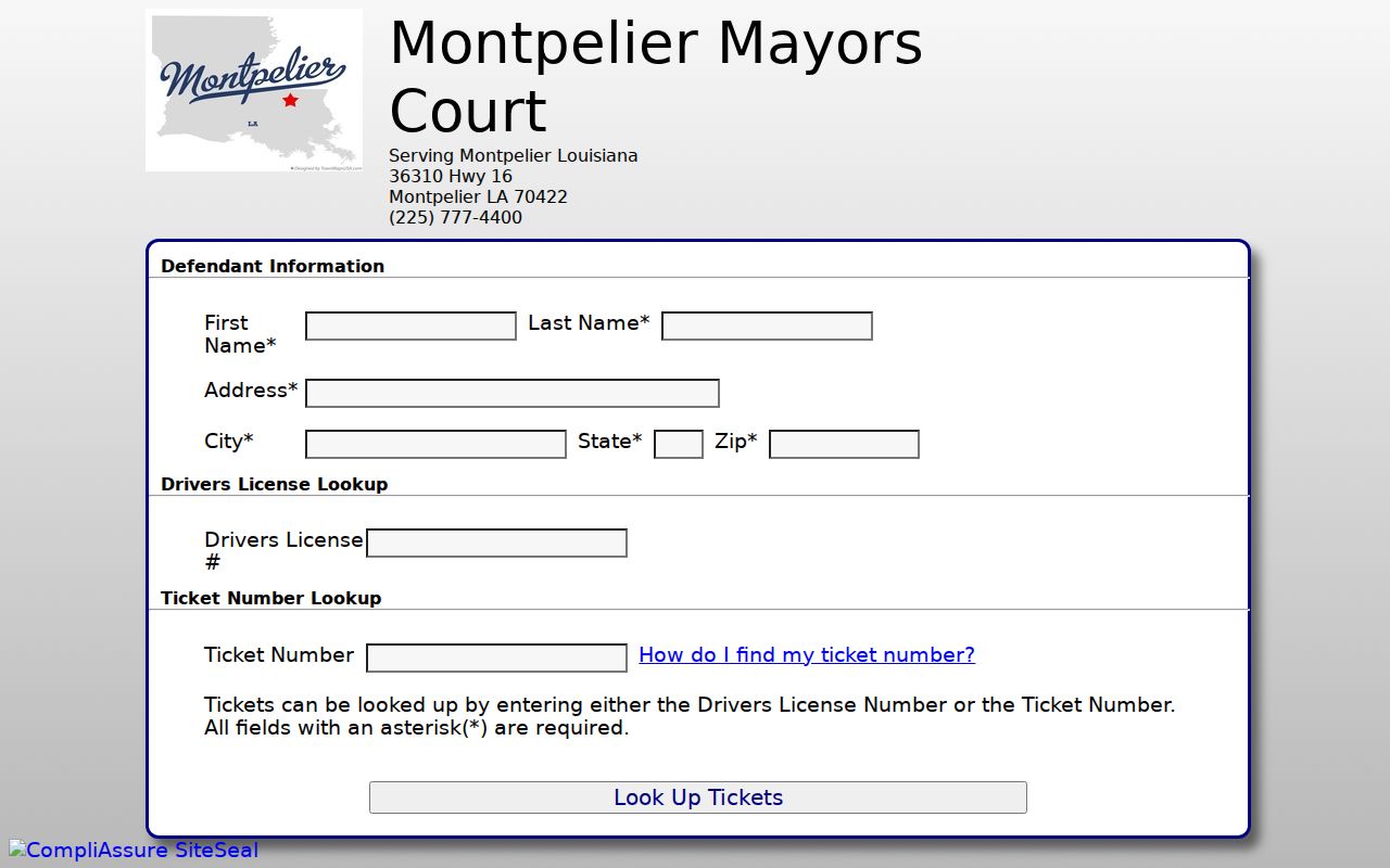 Montpelier warrant research image showing the village ticket lookup with its required defendant fields