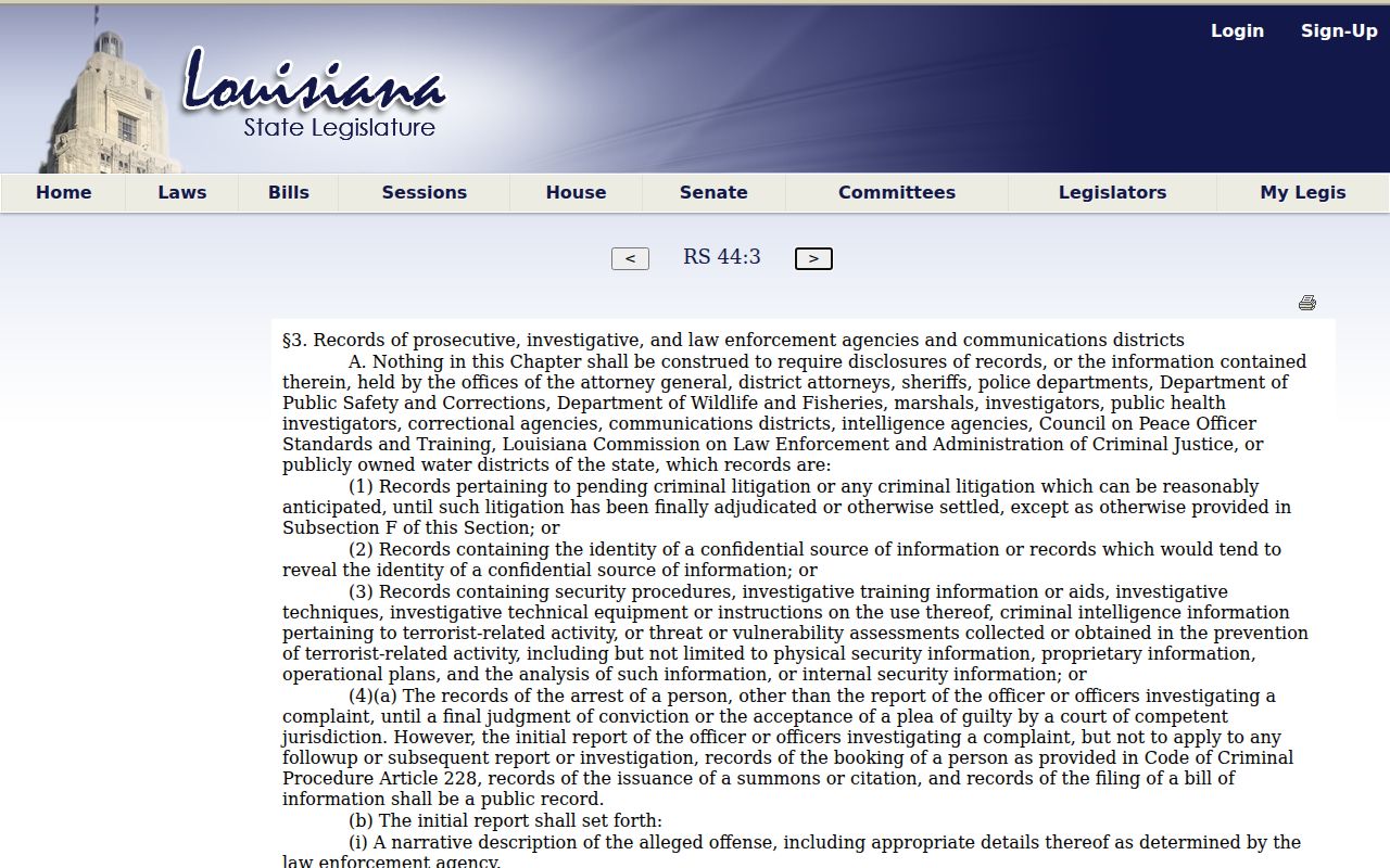 St. Helena Parish active warrant research image showing the text of the law enforcement records exception
