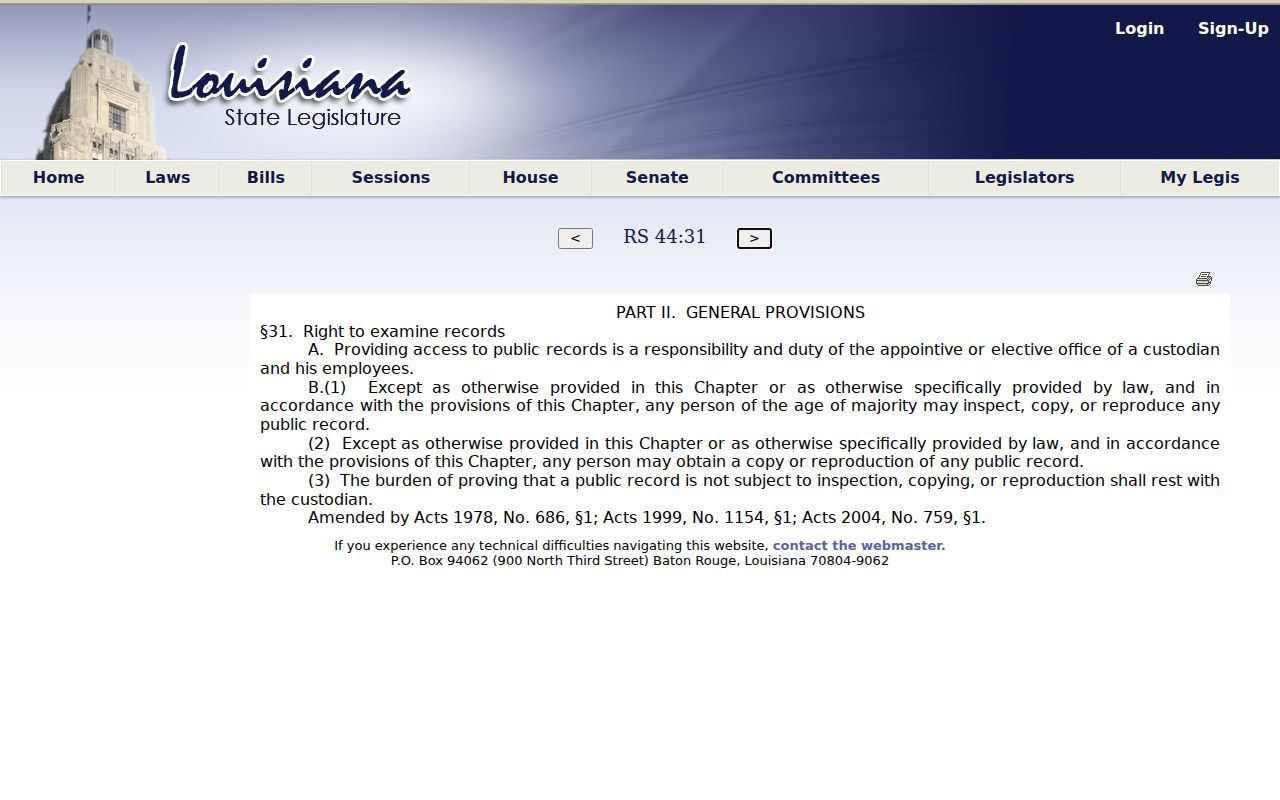 St. Helena Parish bench warrant research image showing the text of the state public record access law