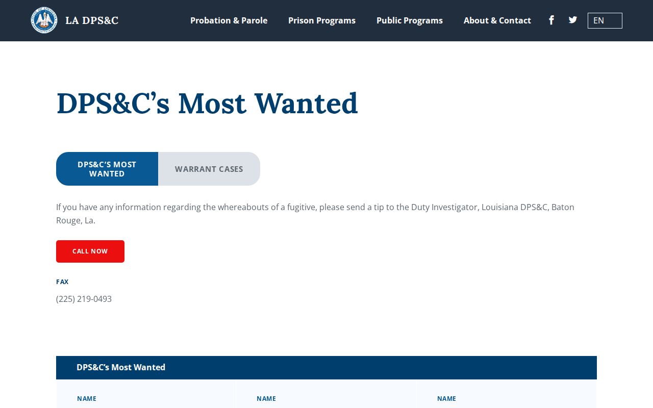 St. Helena Parish most wanted research image showing the state corrections department program page interface