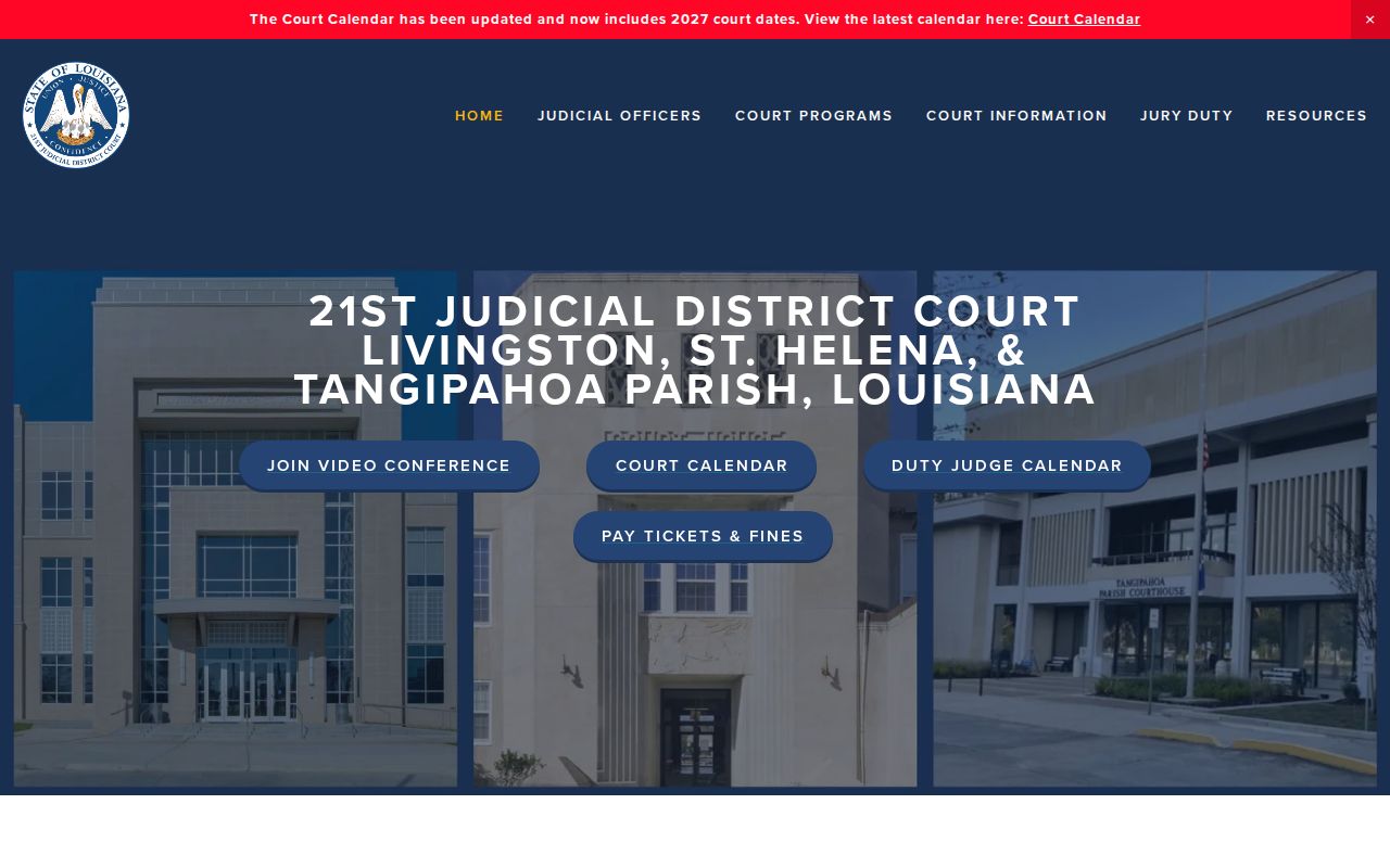 St. Helena Parish active warrant research image showing the district court landing page with the St. Helena courthouse block