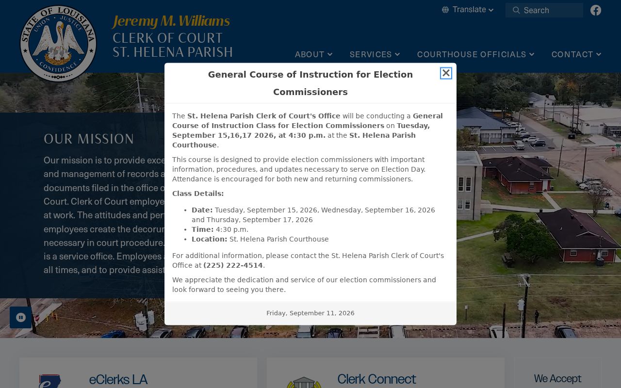 St. Helena Parish warrant records research image of the Clerk of Court website showing the record access mission and office hours