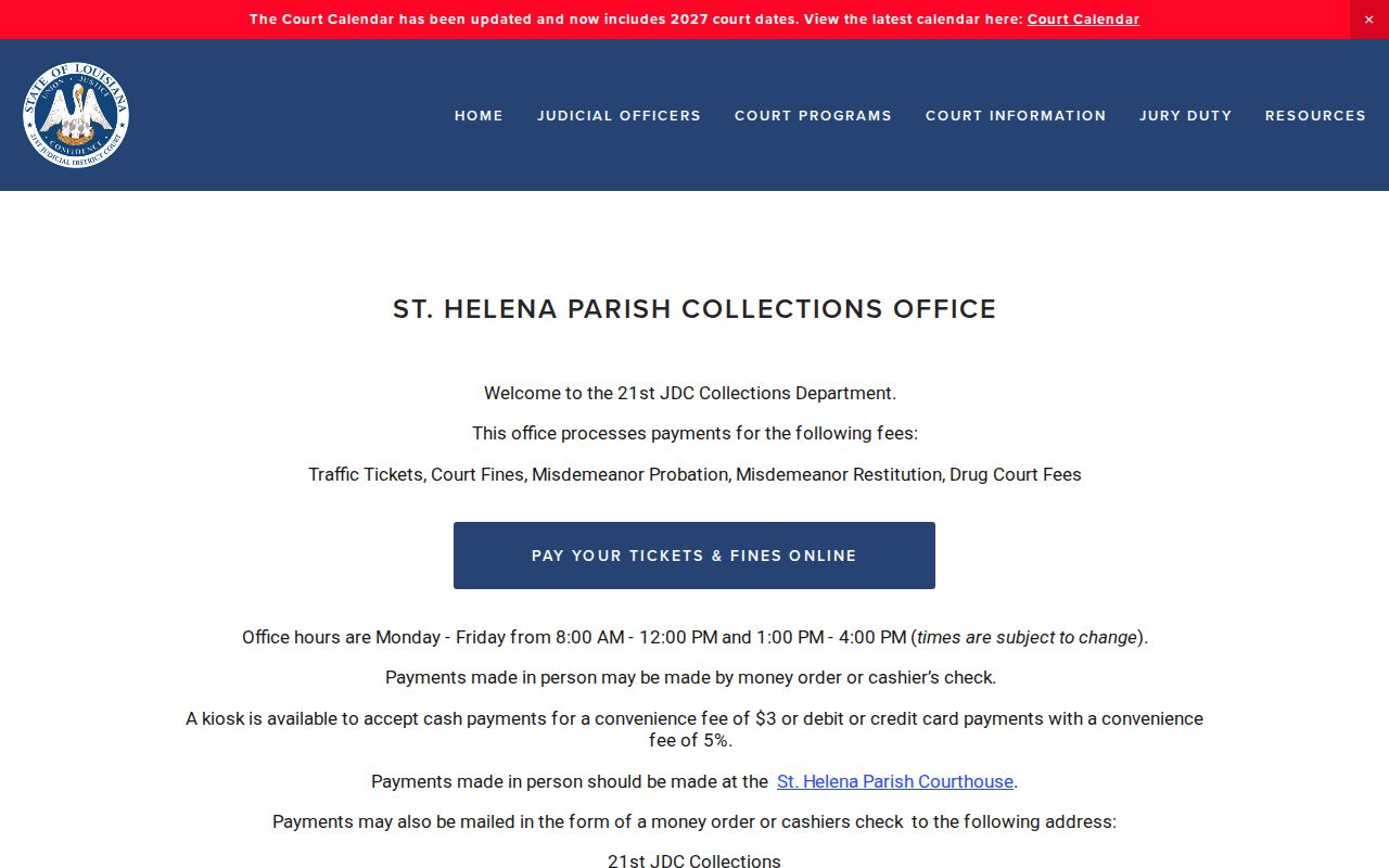 St. Helena Parish traffic warrant research image showing the collections page with office hours and payment options